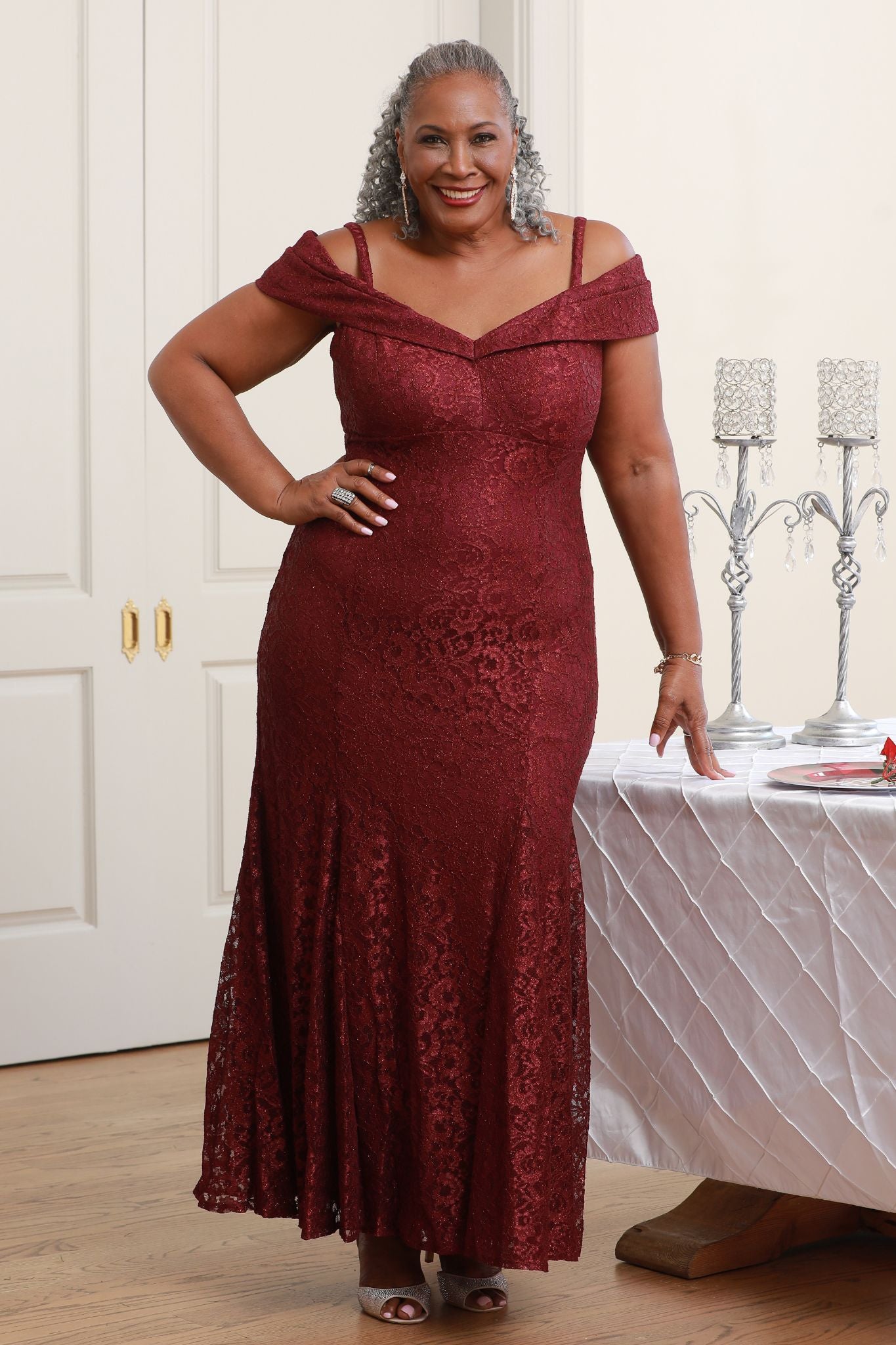 RM Richards Women's Glitter Knit Chiffon Evening Gown | SleekTrends