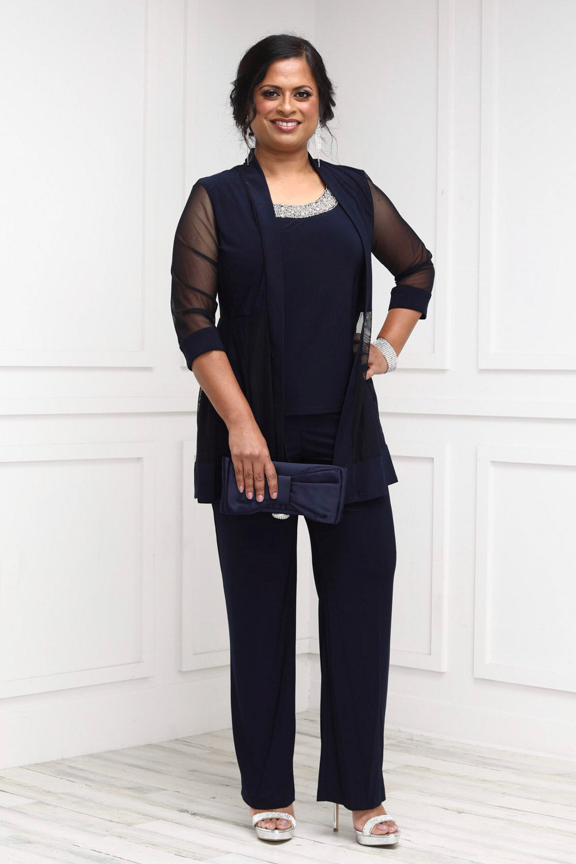 Elegant Plus Size Chiffon Pant Suits for Mother of the Bride with Jacket -  Wedding Guest Outfit