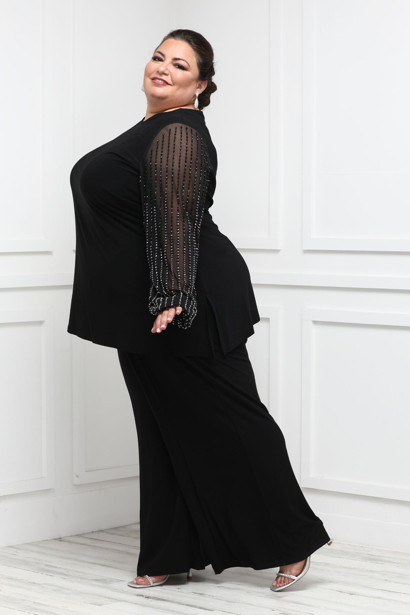 Black Women Pants Suits For Wedding Plus Size Crystal Beading