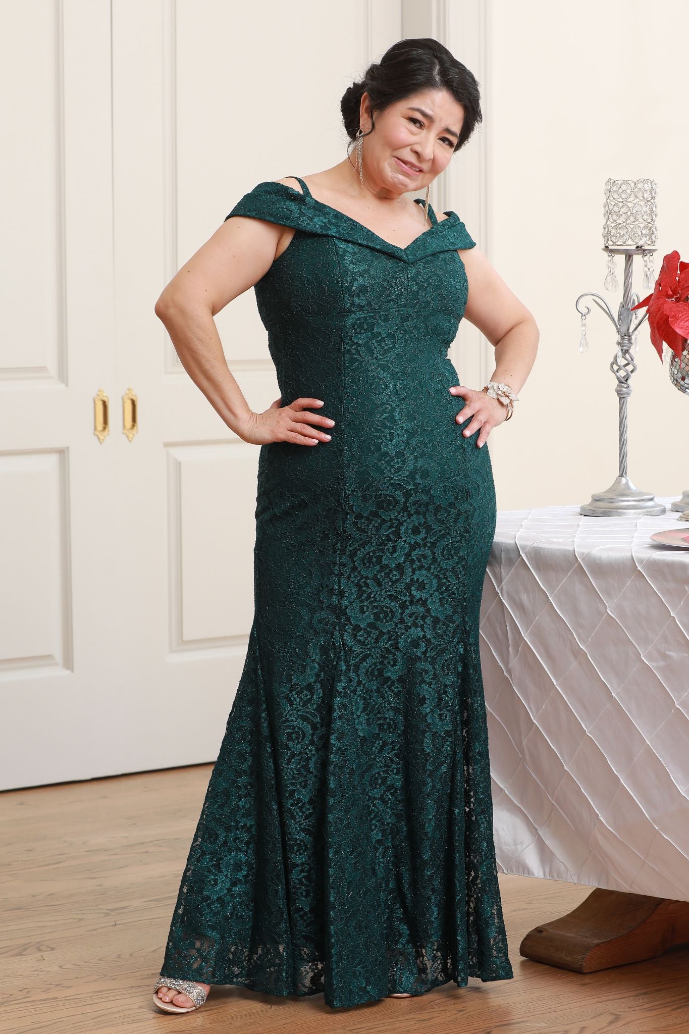 Emerald green shop lace gown