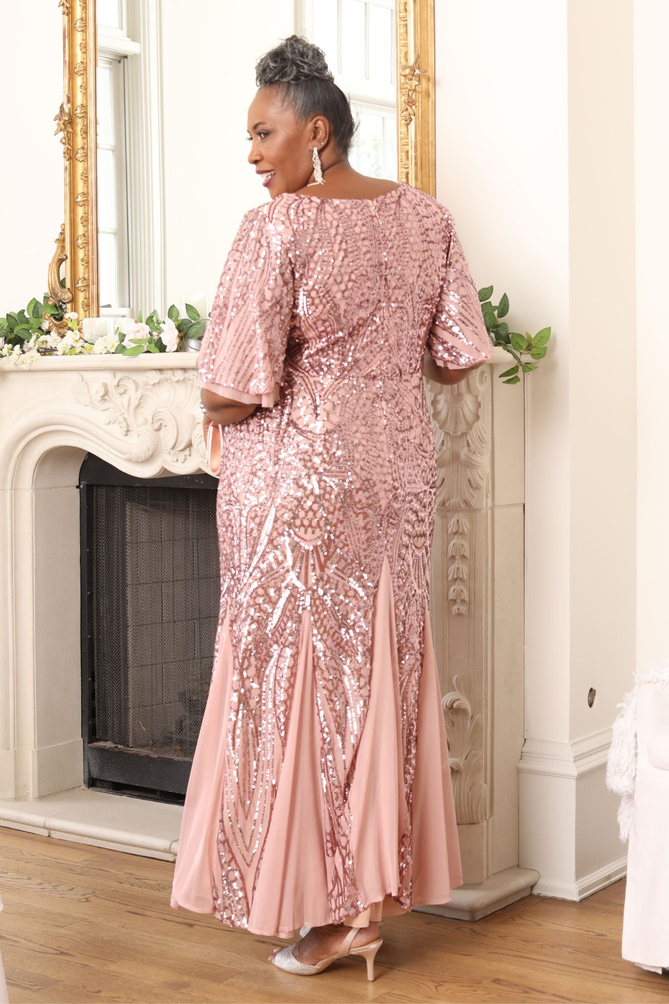 Buy Plus Size Sequin Evening Gown with Flutter Sleeves