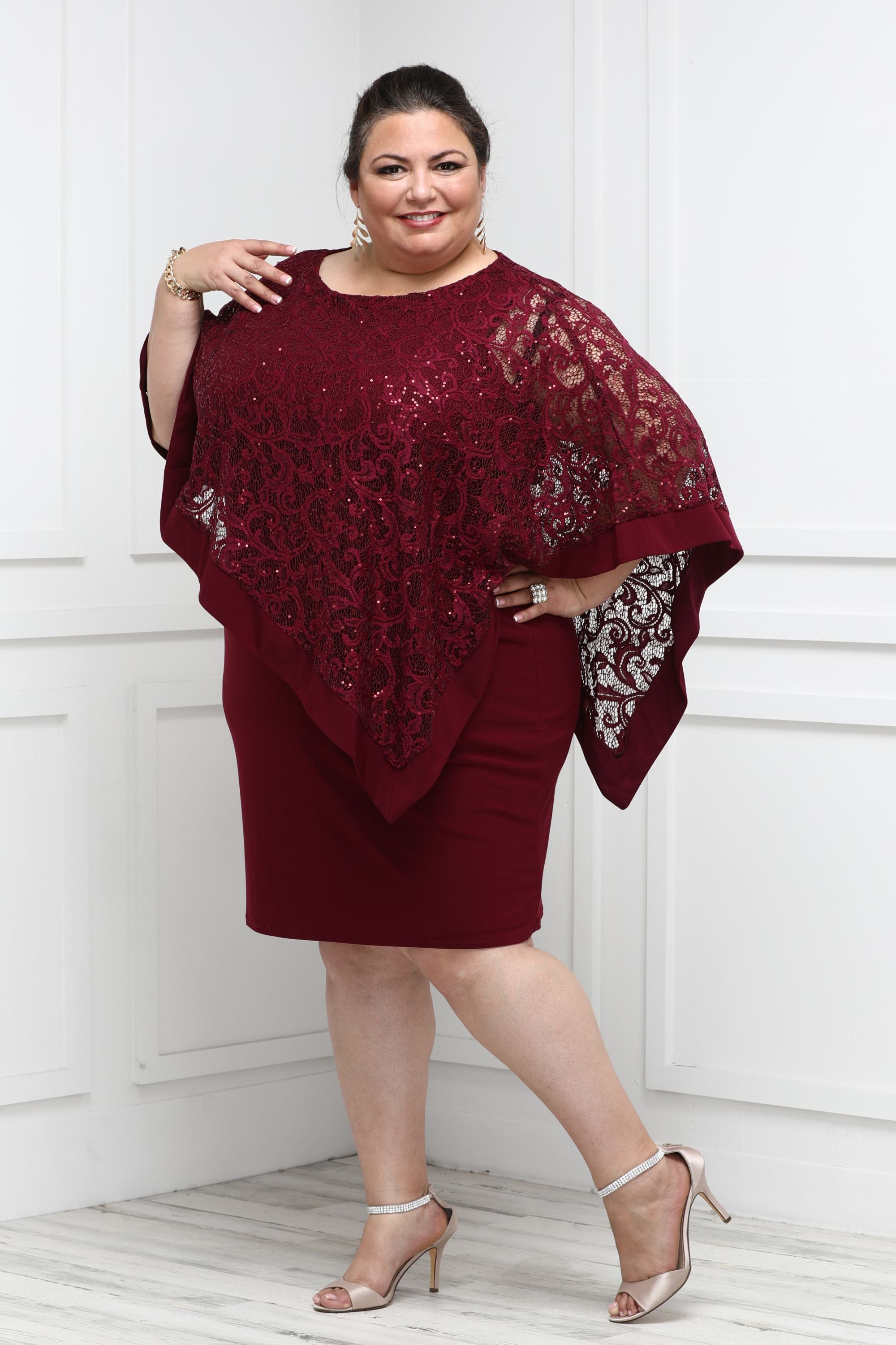 R&M Richards Women's Plus Size Sequin Lace Poncho Party Dress