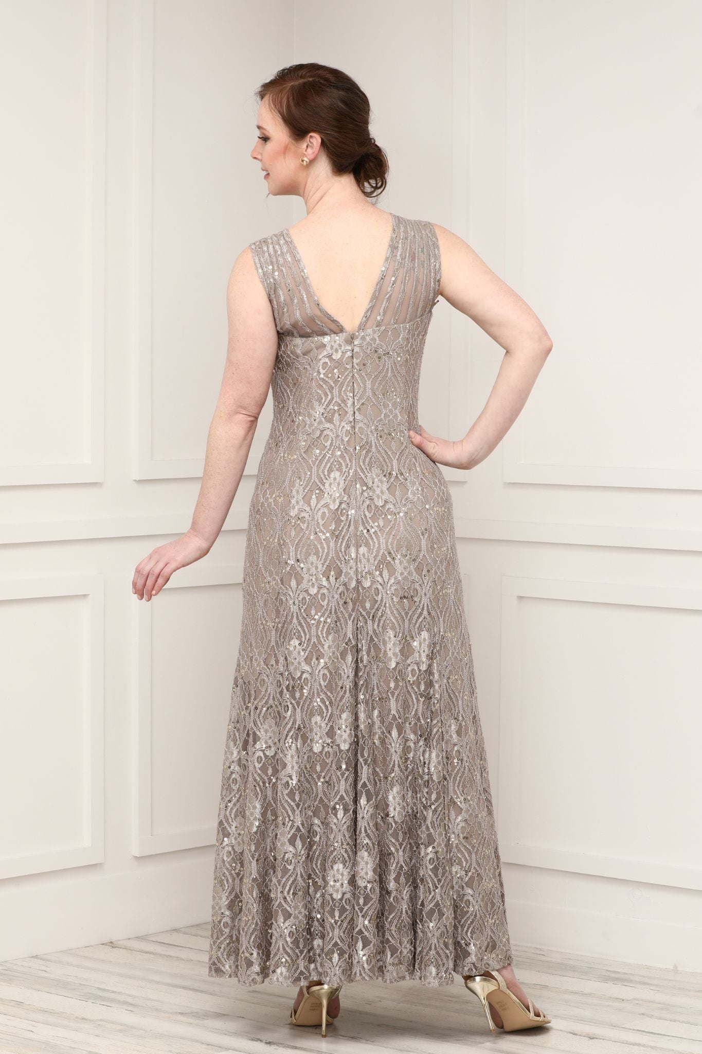 R M Richards Sleeveless Sequined Lace Gown with Sheer Inserts