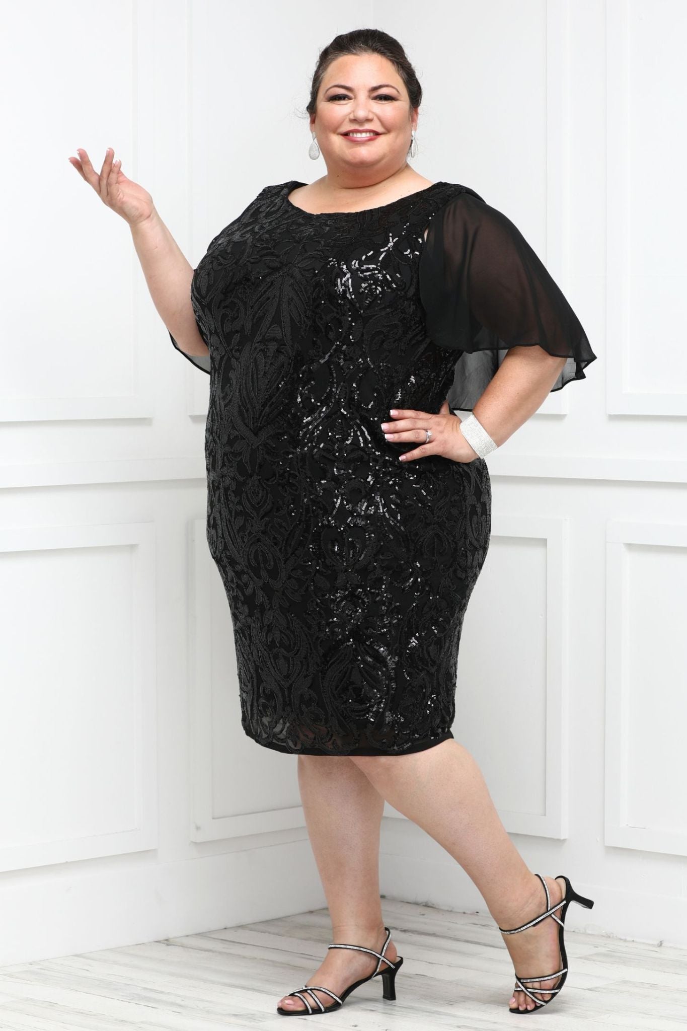 Capelet Sleeved Plus Size Cocktail Dress with Ornate Embellishments