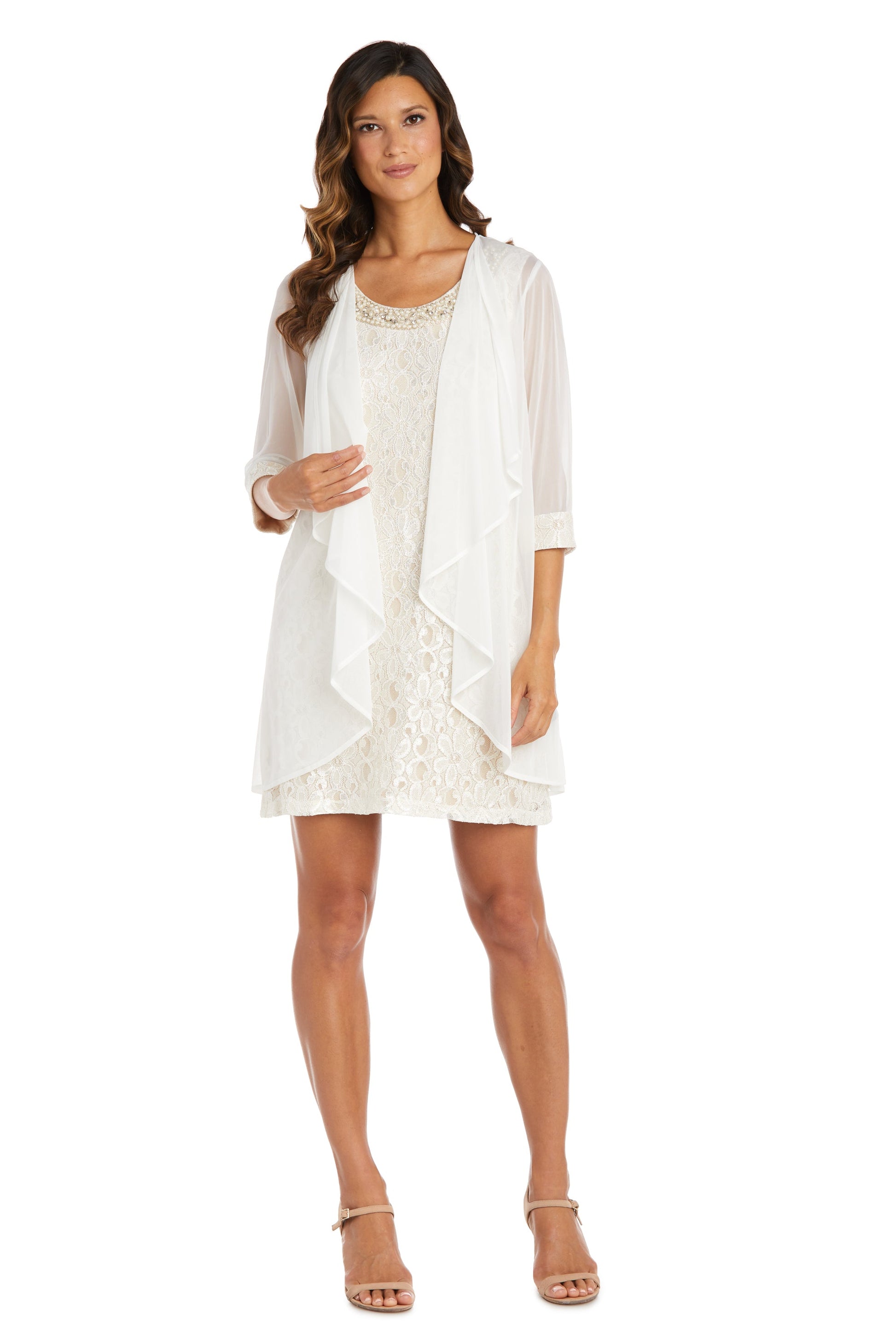 Women's Sheer Draped Jacket and Pearl-Embellished Lace Shift Dress