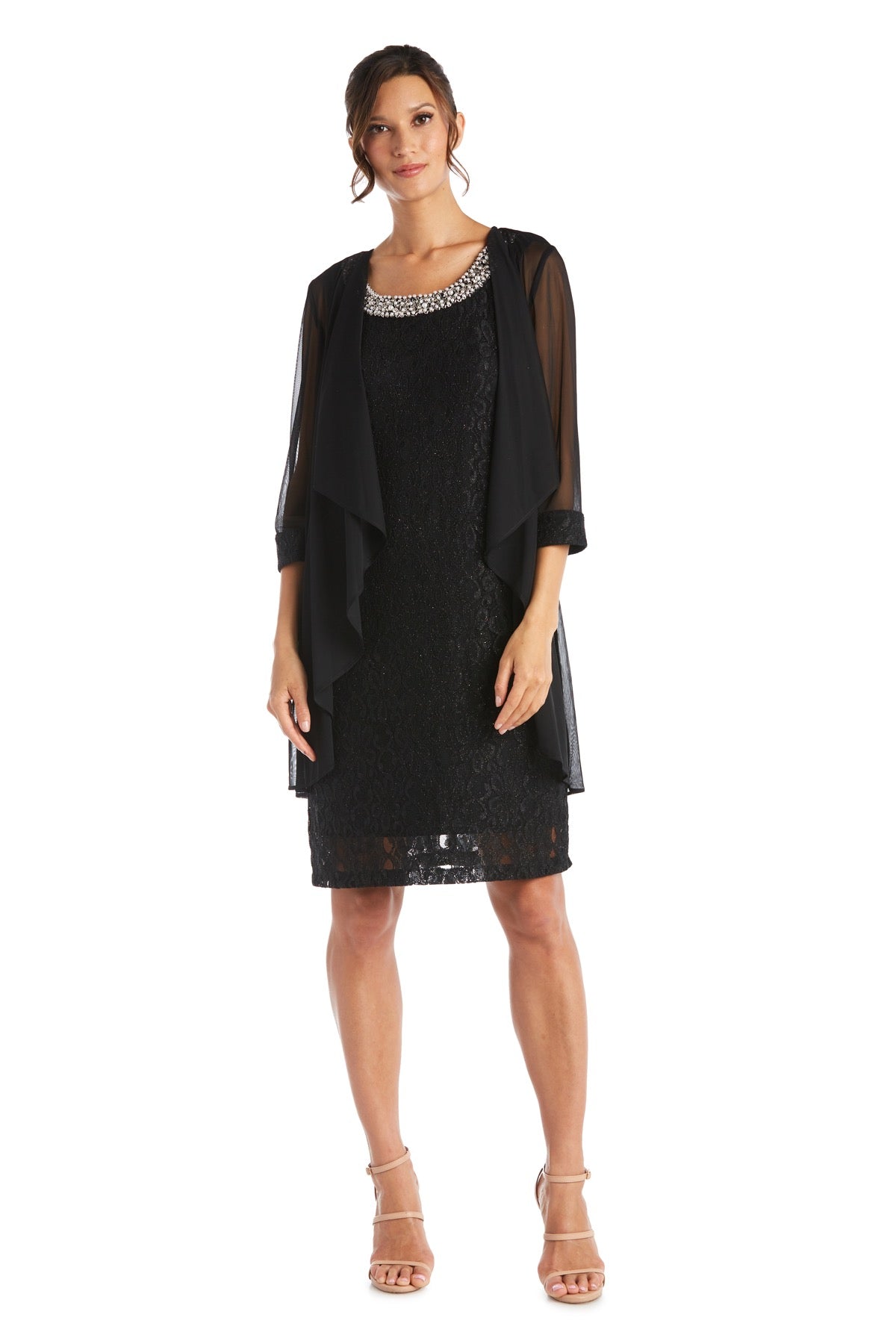 Women s Sheer Draped Jacket and Pearl Embellished Lace Shift Dress