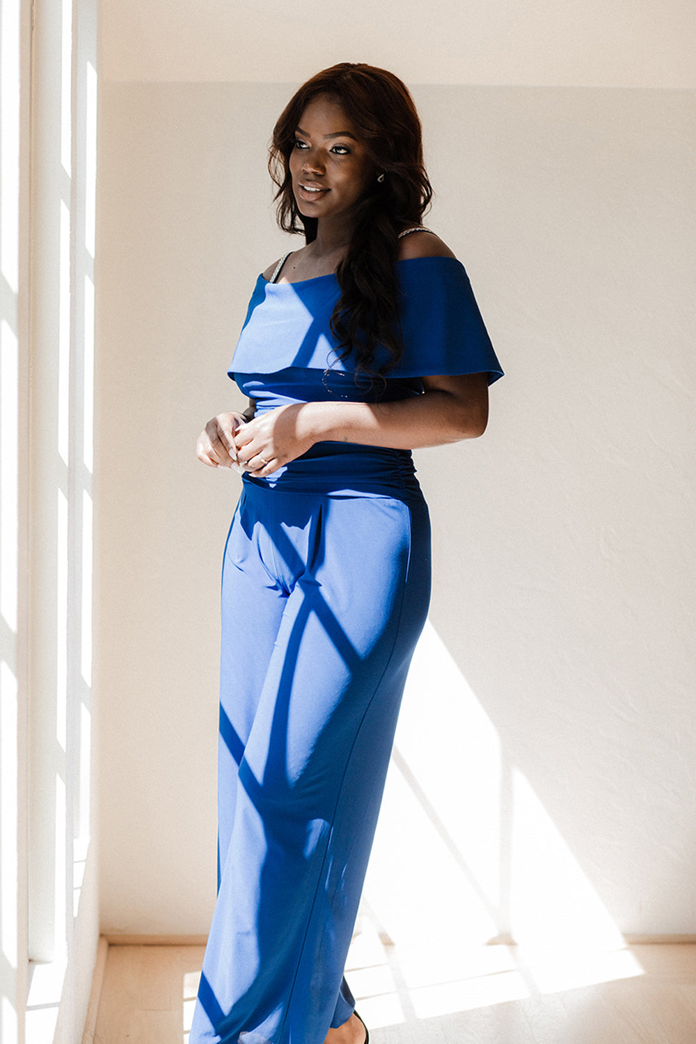 Blue cold cheap shoulder jumpsuit