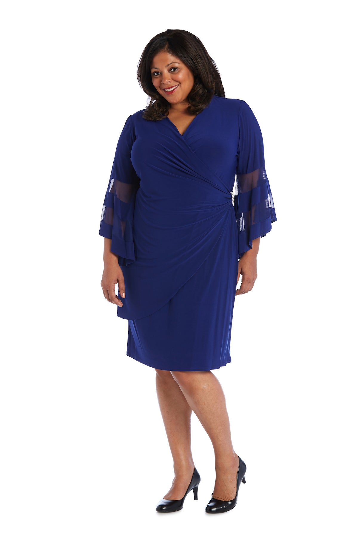 Women Plus Size Flattering Knee-Length Wraparound Dress with Bell-Sleeves