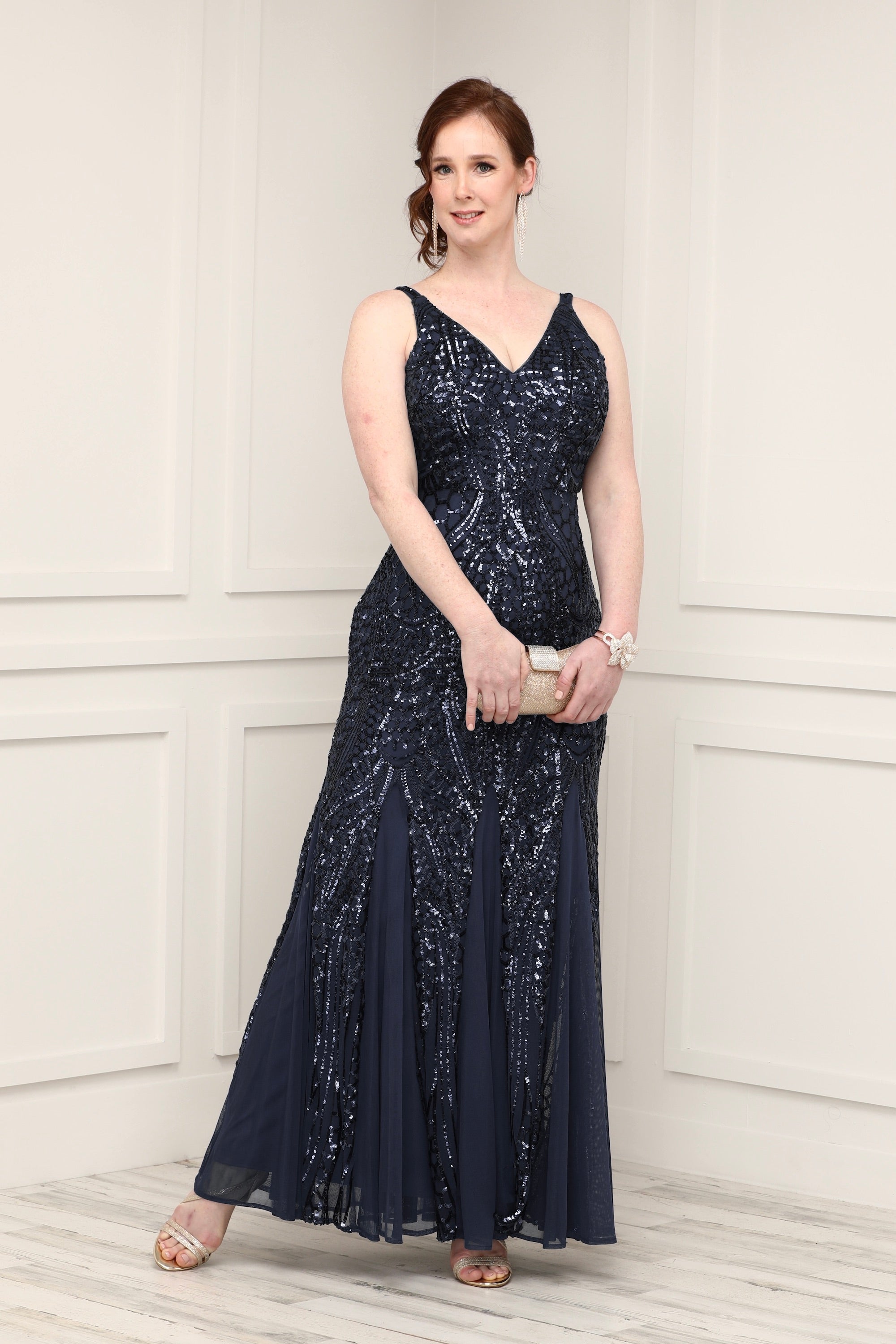 Marina embellished v neck gown best sale