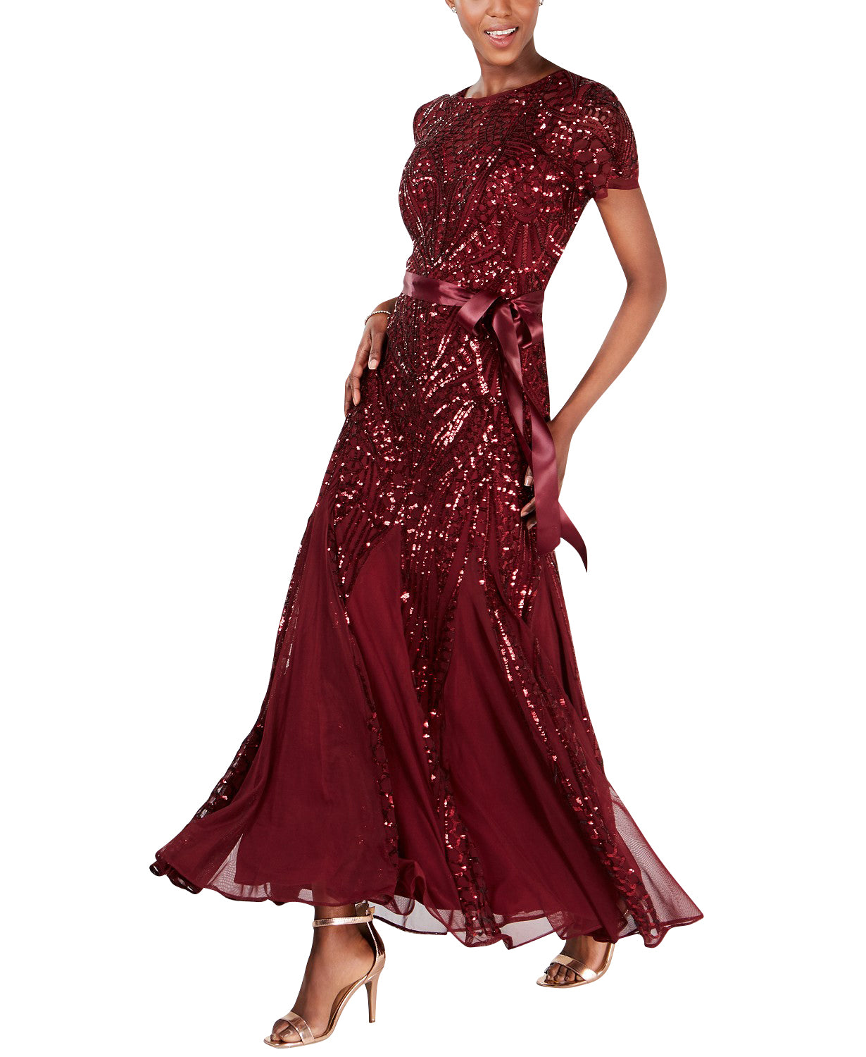 Women's One Piece Short Sleeve Embellished Sequin Evening Gown - Missy