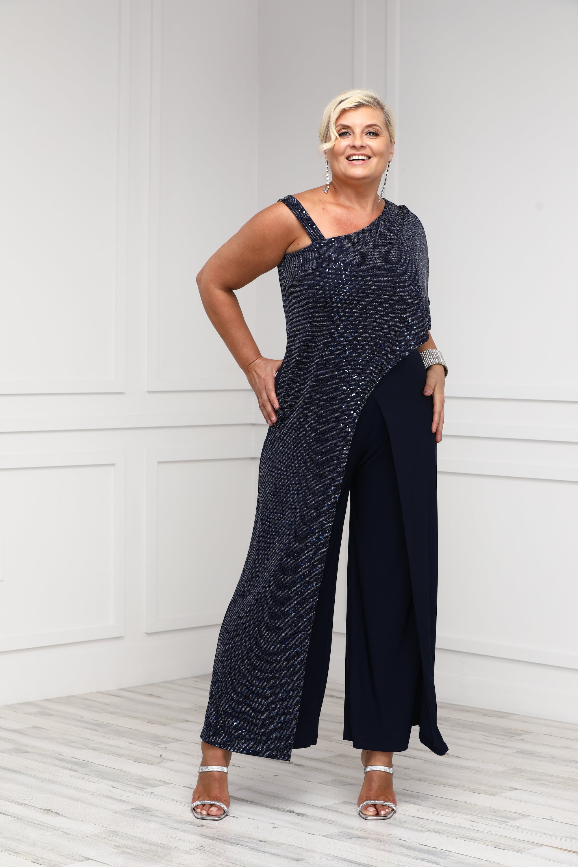 Order RM Richards Sequin Overlay Draped Shoulder Formal Jumpsuit Sleek Trends