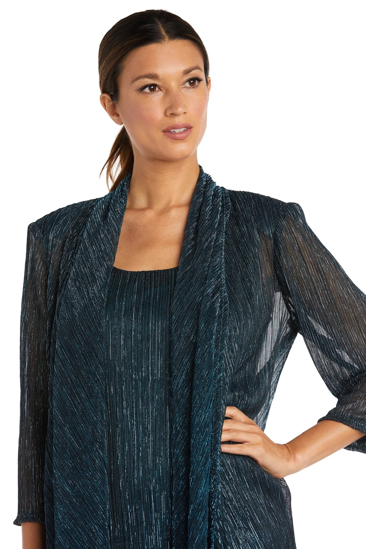 Women's Sleeveless Cascade Front Metallic Knit Dress and Jacket