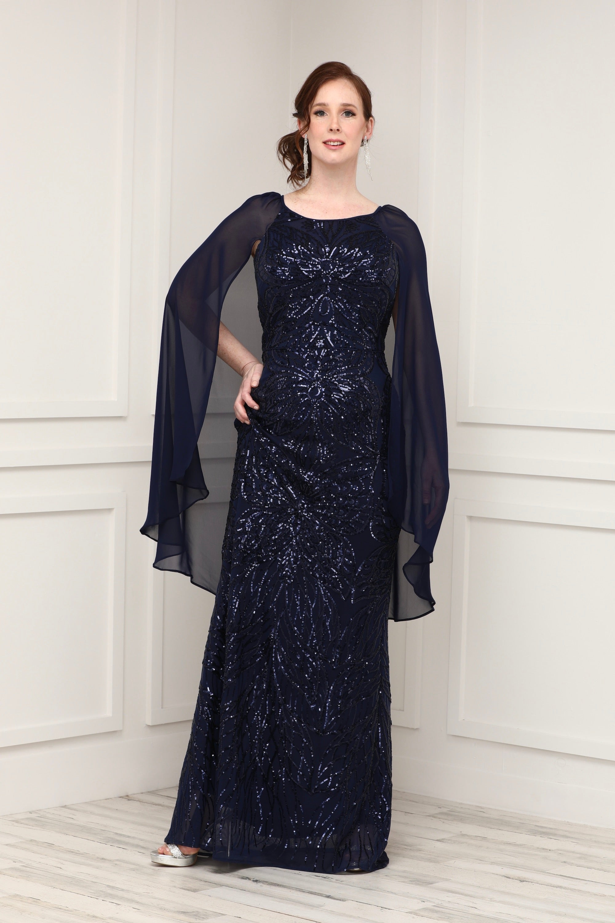 Petite Sequin Beaded Gown With Cape Formal Gown