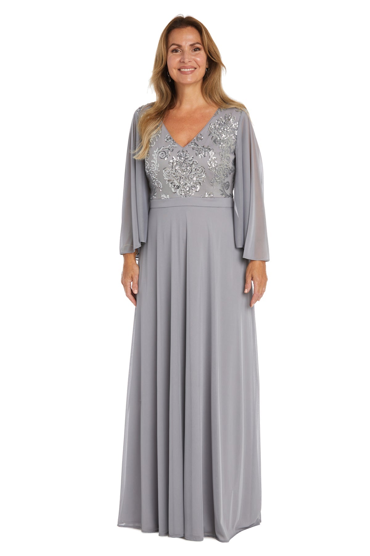 Navy Beaded Sequin Lace Cape Sleeve Evening Gown - Formal Gown